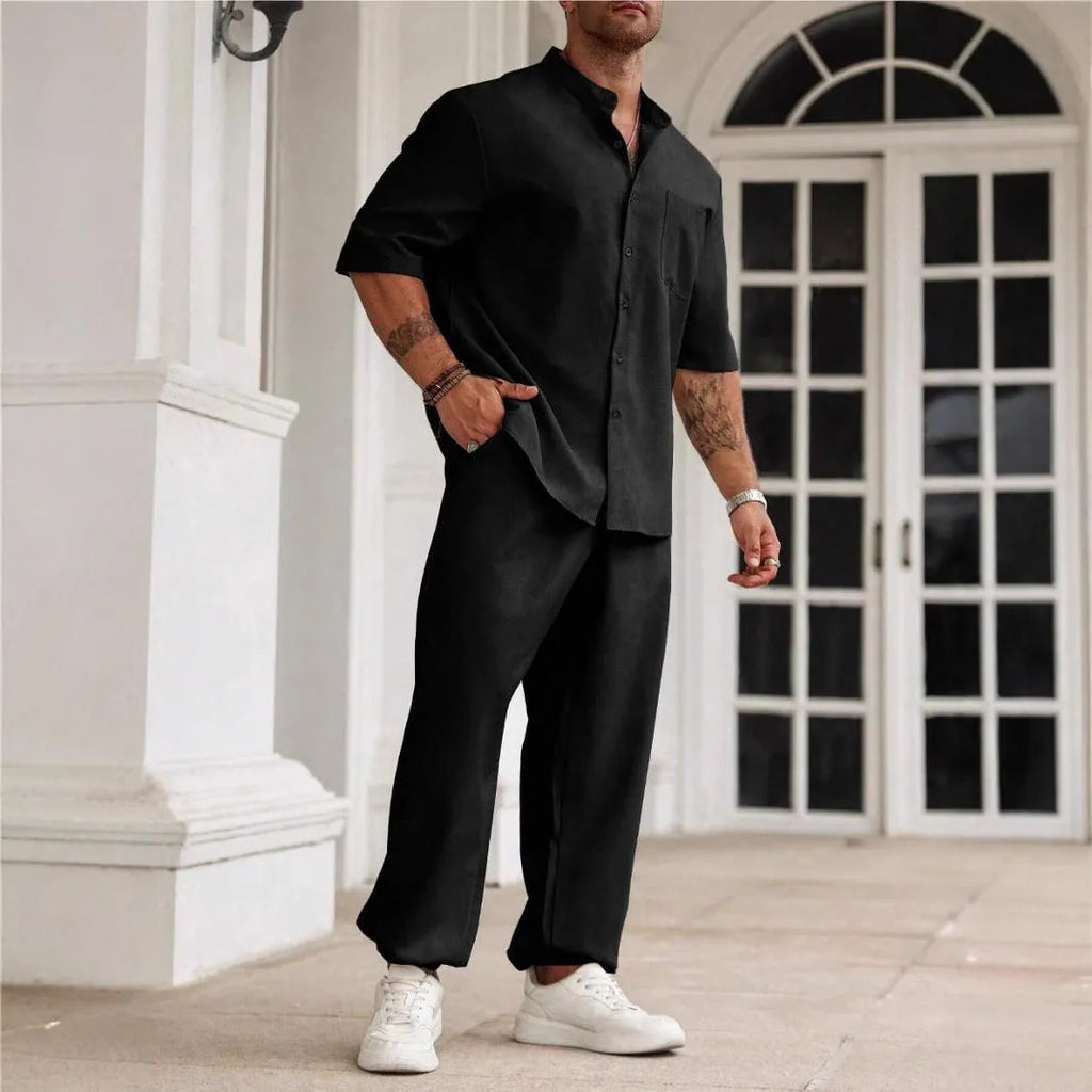 Men's casual cotton linen trouser set with short-sleeved shirt in black, grey, and apricot colours