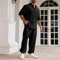 Men's casual cotton linen trouser set with short-sleeved shirt in black, grey, and apricot colours