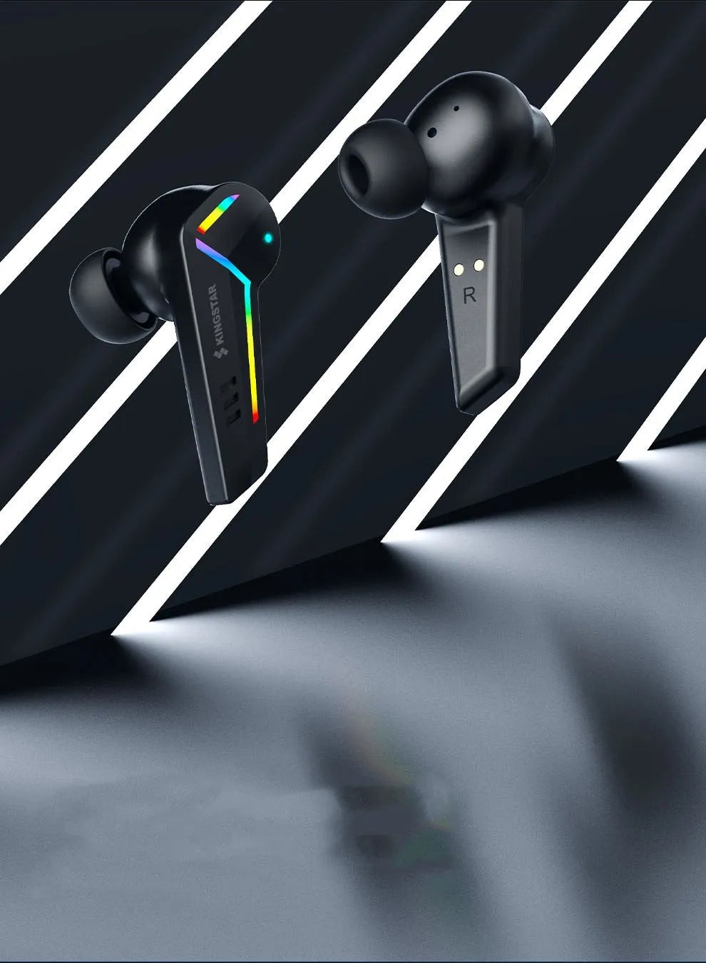 Black TWS wireless Bluetooth in-ear headset with NFC touchpoint.