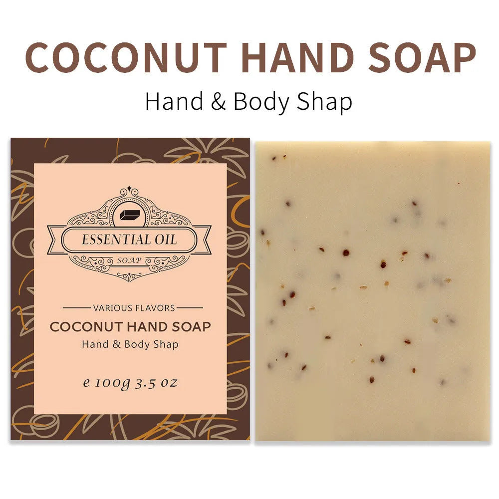 A frosted handmade essential oil soap bar in one of five scents: coconut, green tea, lavender, rose, or Four Boxes.