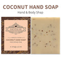 A frosted handmade essential oil soap bar in one of five scents: coconut, green tea, lavender, rose, or Four Boxes.