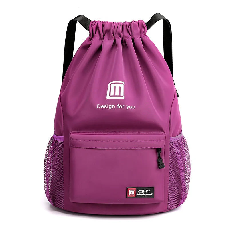 Oxford fabric drawstring travel backpack in multiple colours with double shoulder straps and pull-belt closure