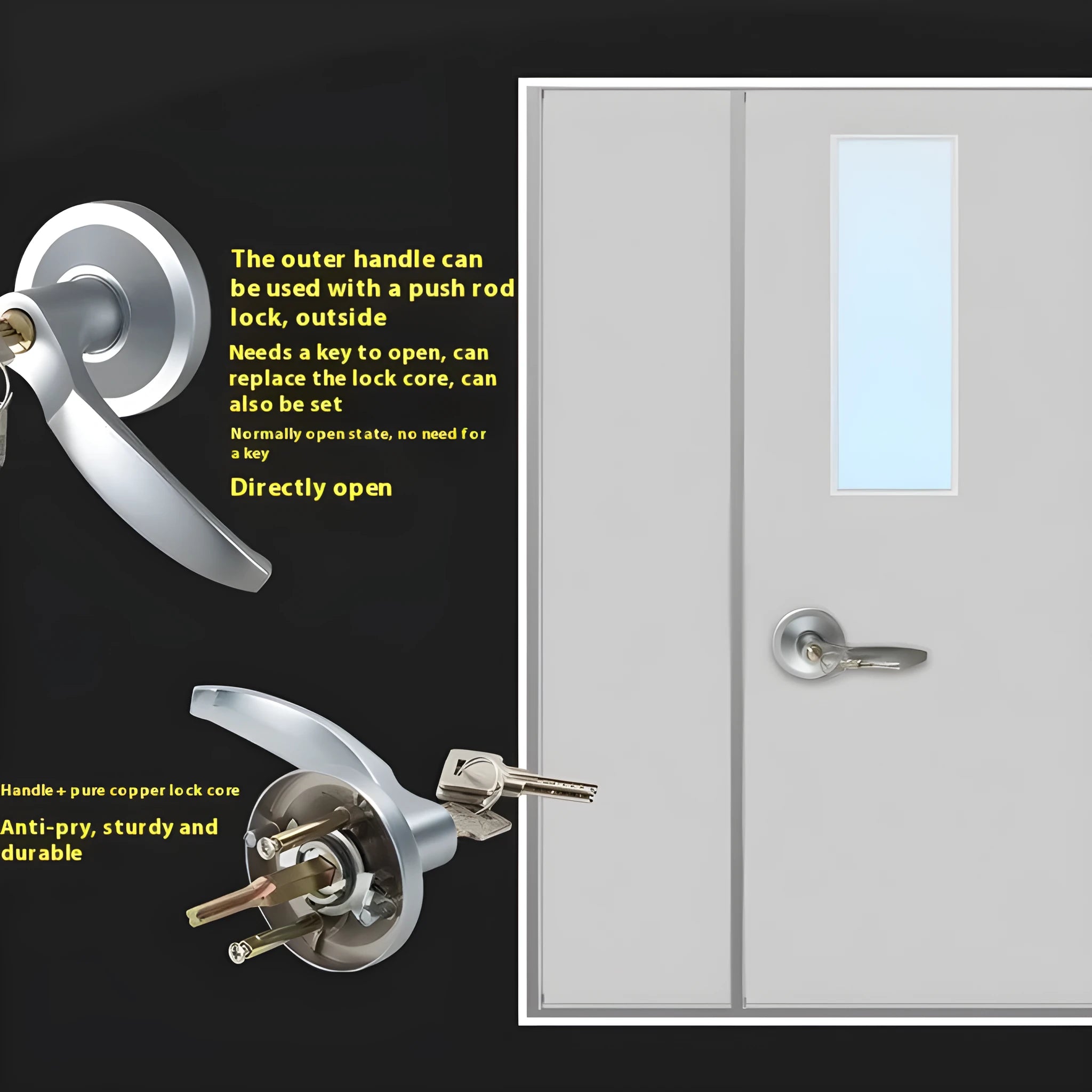 Stainless steel fire door push lock with external handle for 65cm doors