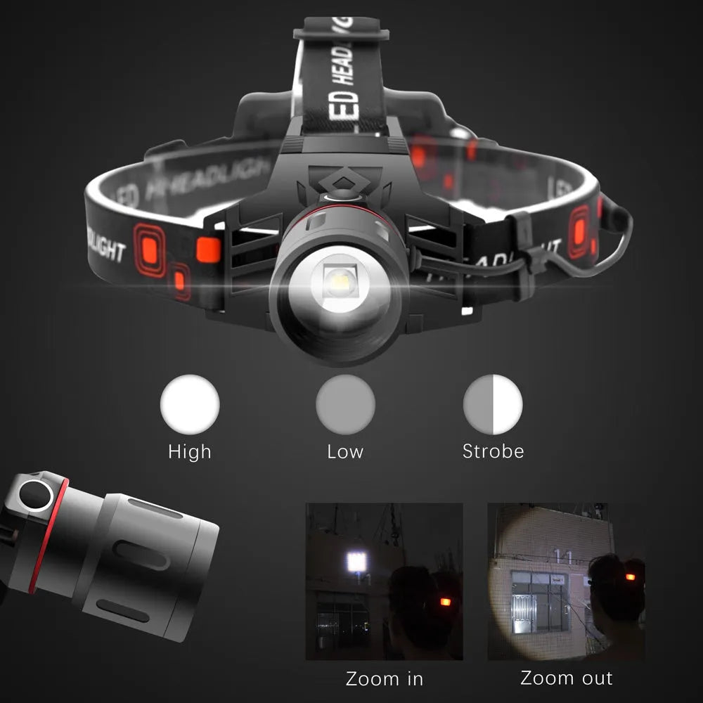 T6 LED zoom headlamp showing white, red, and green light beams with adjustable focus.