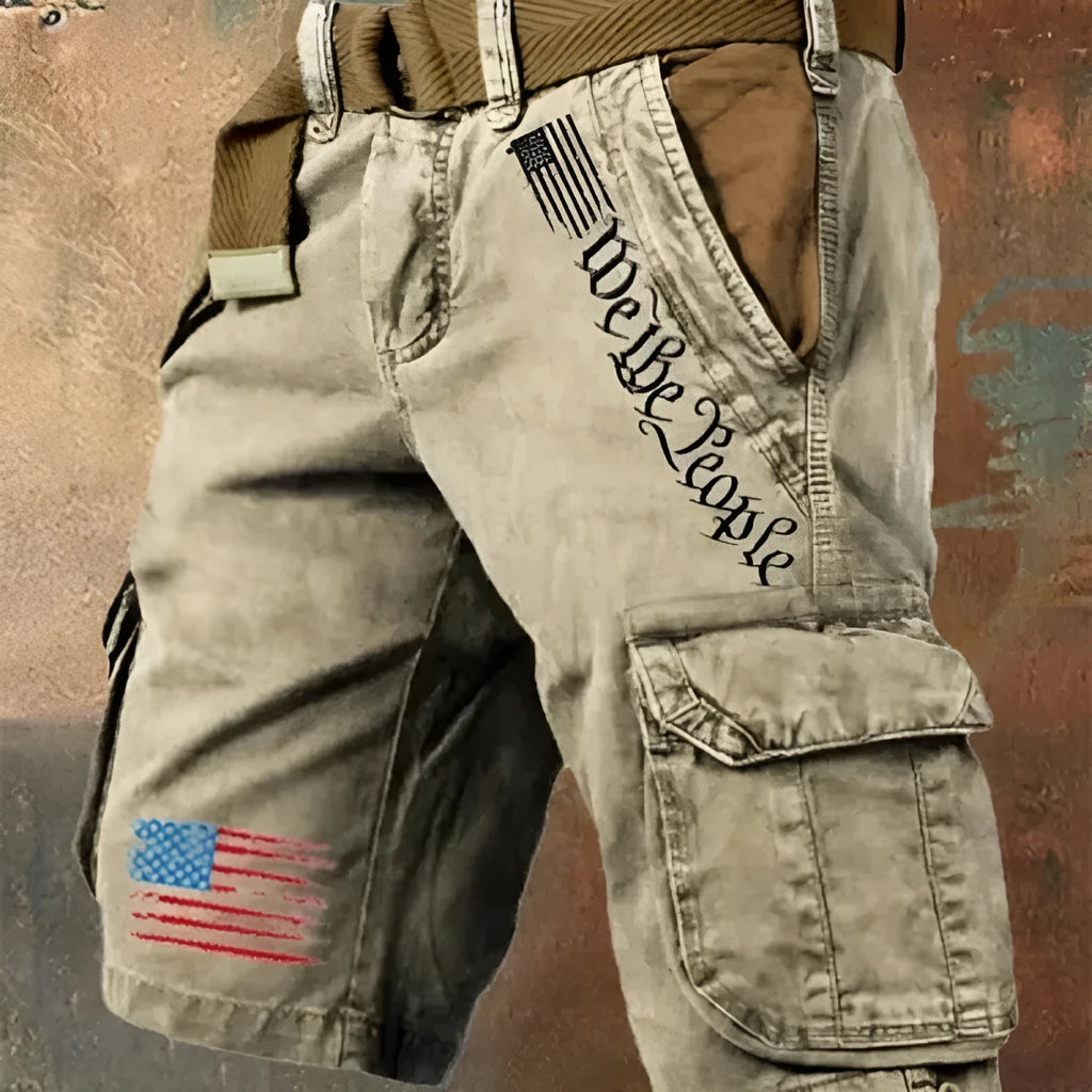 Men's khaki thin multi-pocket fifth pants with denim fabric mid-waist loose fit