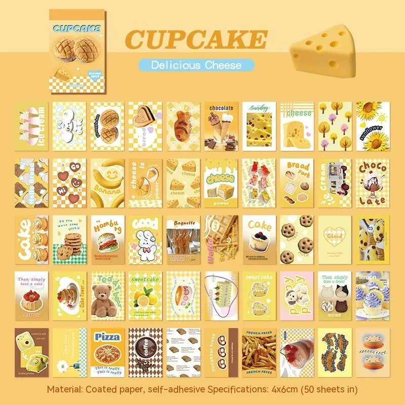 Cartoon sticker book with retro American style showing 4x6cm adhesive stickers in six colour variations