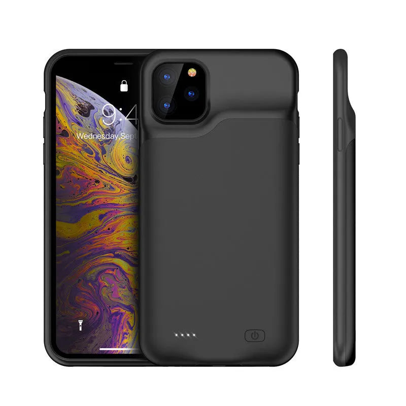 Shockproof silicone iPhone battery charger case shown in available colours: black, blue, pink, and white.