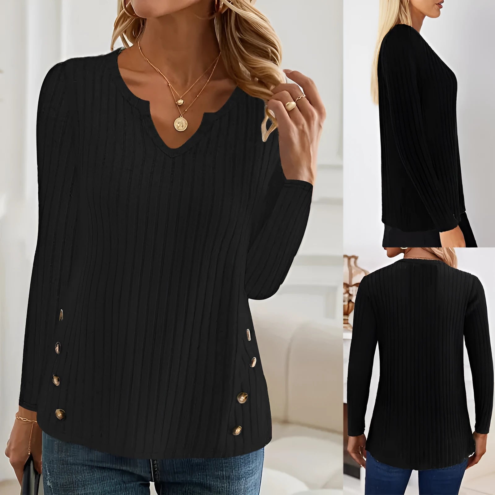 Men's black button front knitted sweater with regular sleeves, solid colour casual pullover