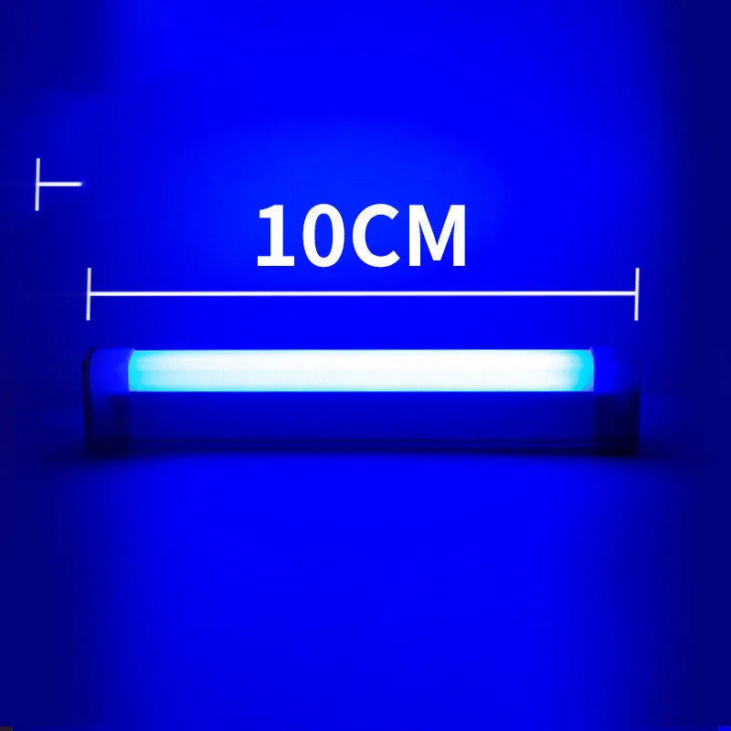 Blue and purple rechargeable dimmable LED tube stick light in 32cm length on a dark surface.