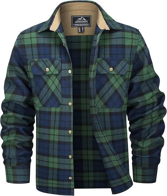 Man wearing a casual orange and black plaid flannel button-down shirt with long sleeves.