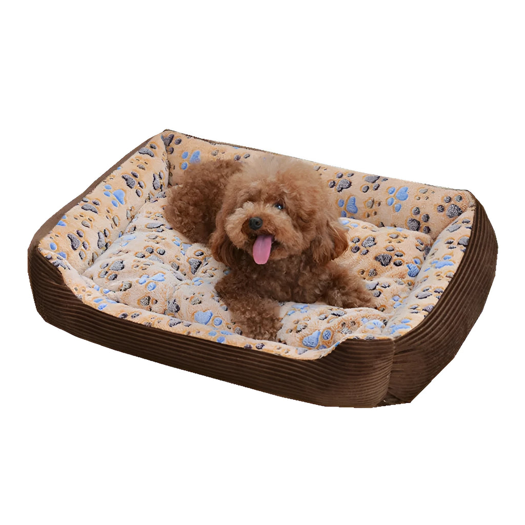 Soft beige plush dog bed with raised sides in a sofa-style design for small pets.