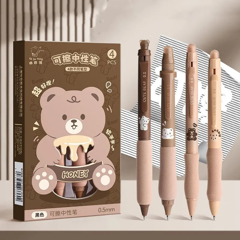 Erasable cartoon-themed press gel pen with 0.5mm fine tip in black and crystal blue ink options.