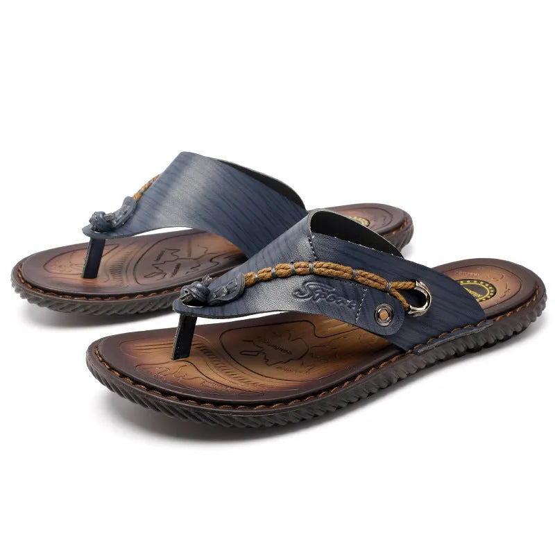 Men's dark blue herringbone pattern outdoor slippers with rubber sole showing size range 38-46