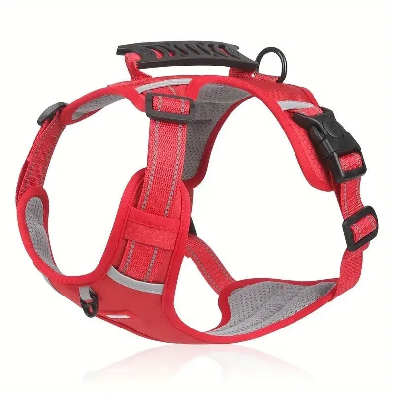 Polyester dog chest harness traction rope in red, shown in a medium size on a dog