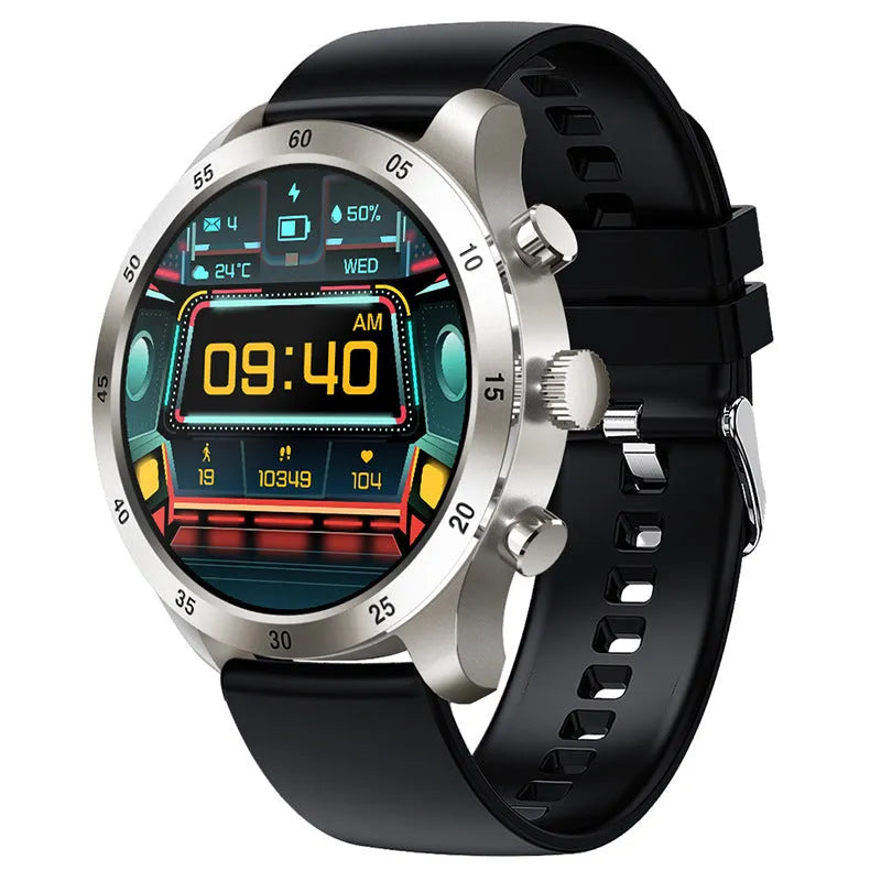 Black smart watch with touch screen display on a steel link bracelet, showing call interface.