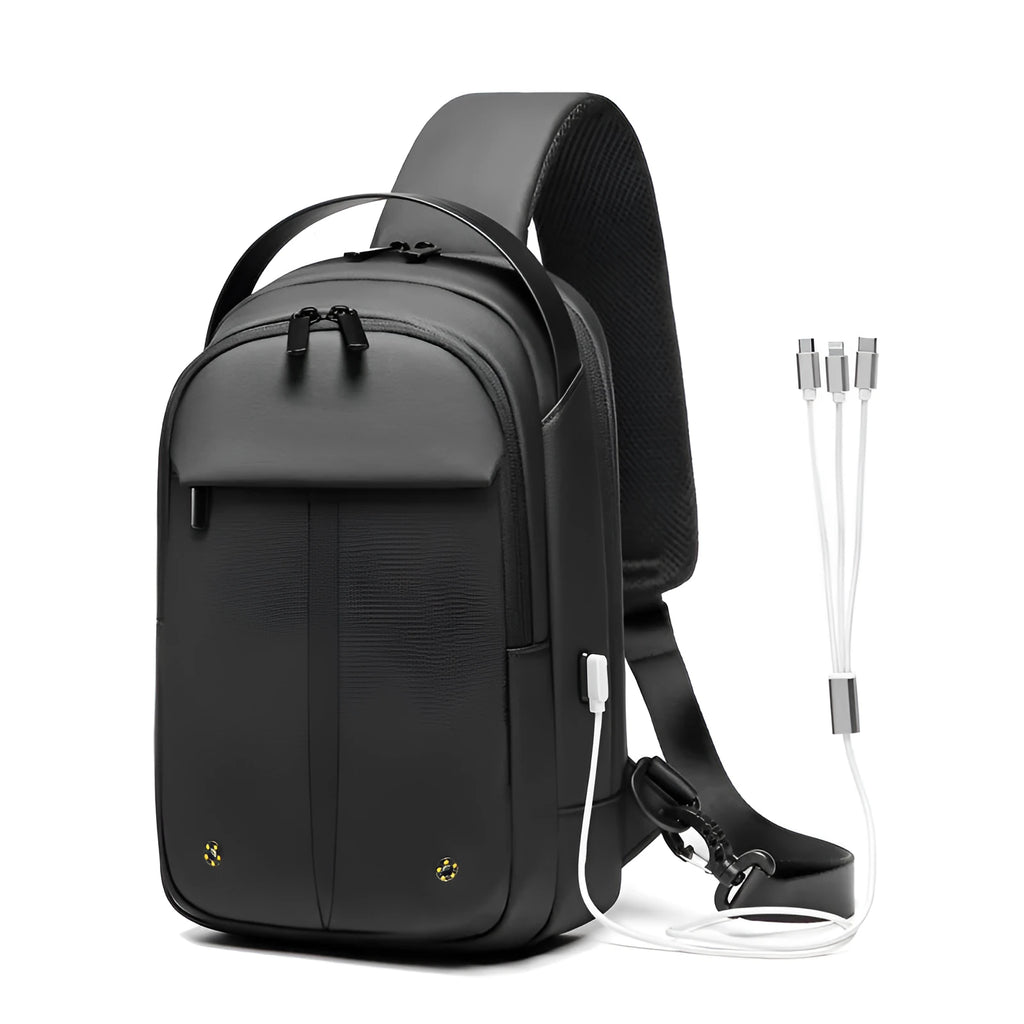 Black Oxford cloth multifunctional crossbody bag for men with zipper closure and shoulder strap on neutral background