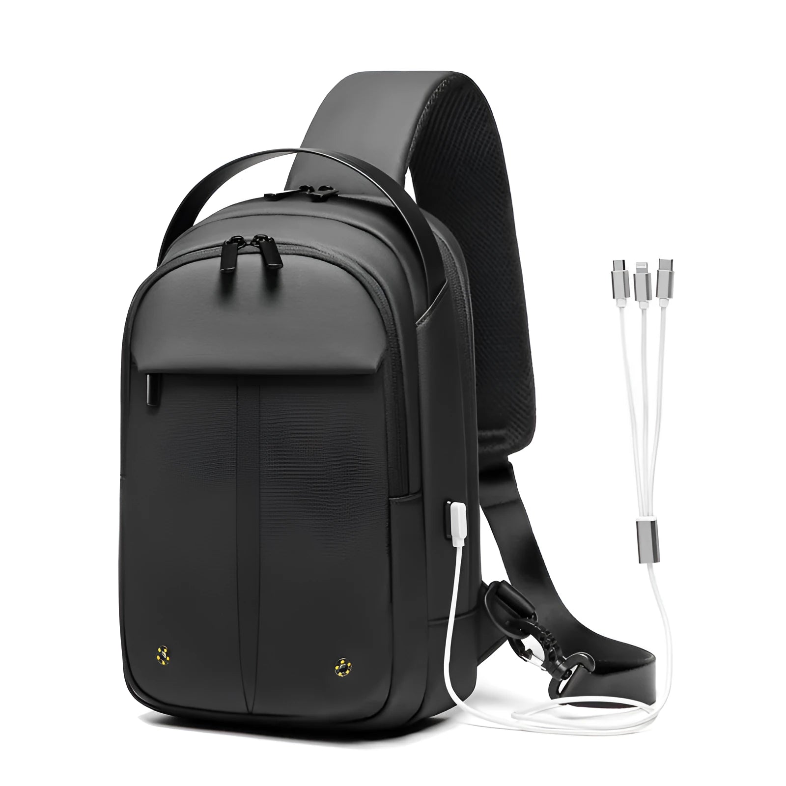 Black Oxford cloth multifunctional crossbody bag for men with zipper closure and shoulder strap on neutral background