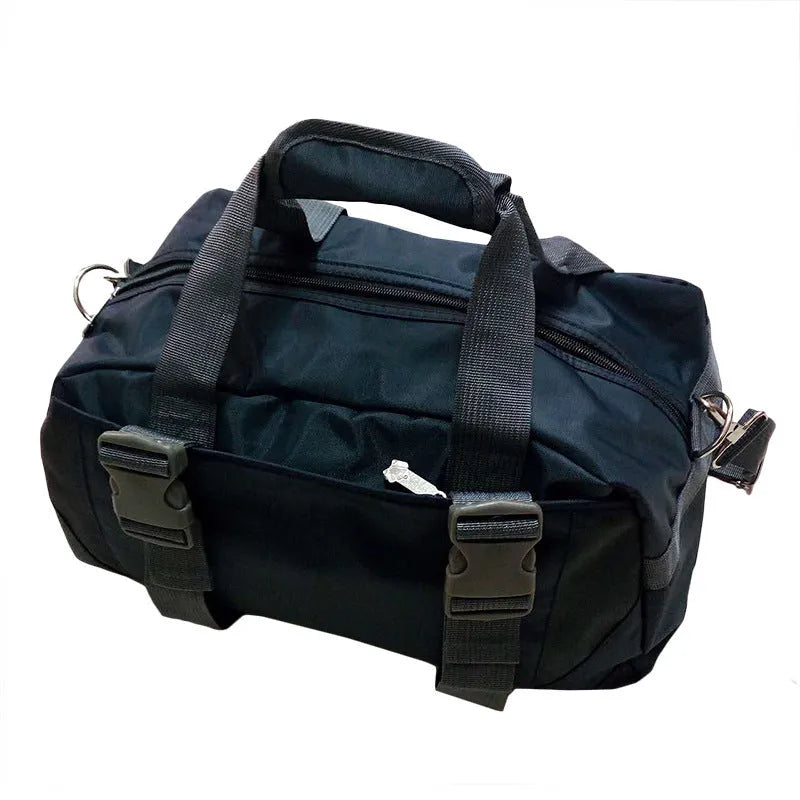 Nylon yoga and gym holdall bag in black, shown in medium and large sizes with carry handle.
