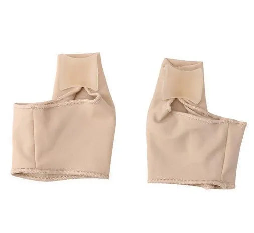 A pair of stretch fabric bunion socks with a soft gel pad and silicone toe separator in sizes small, medium, and large.