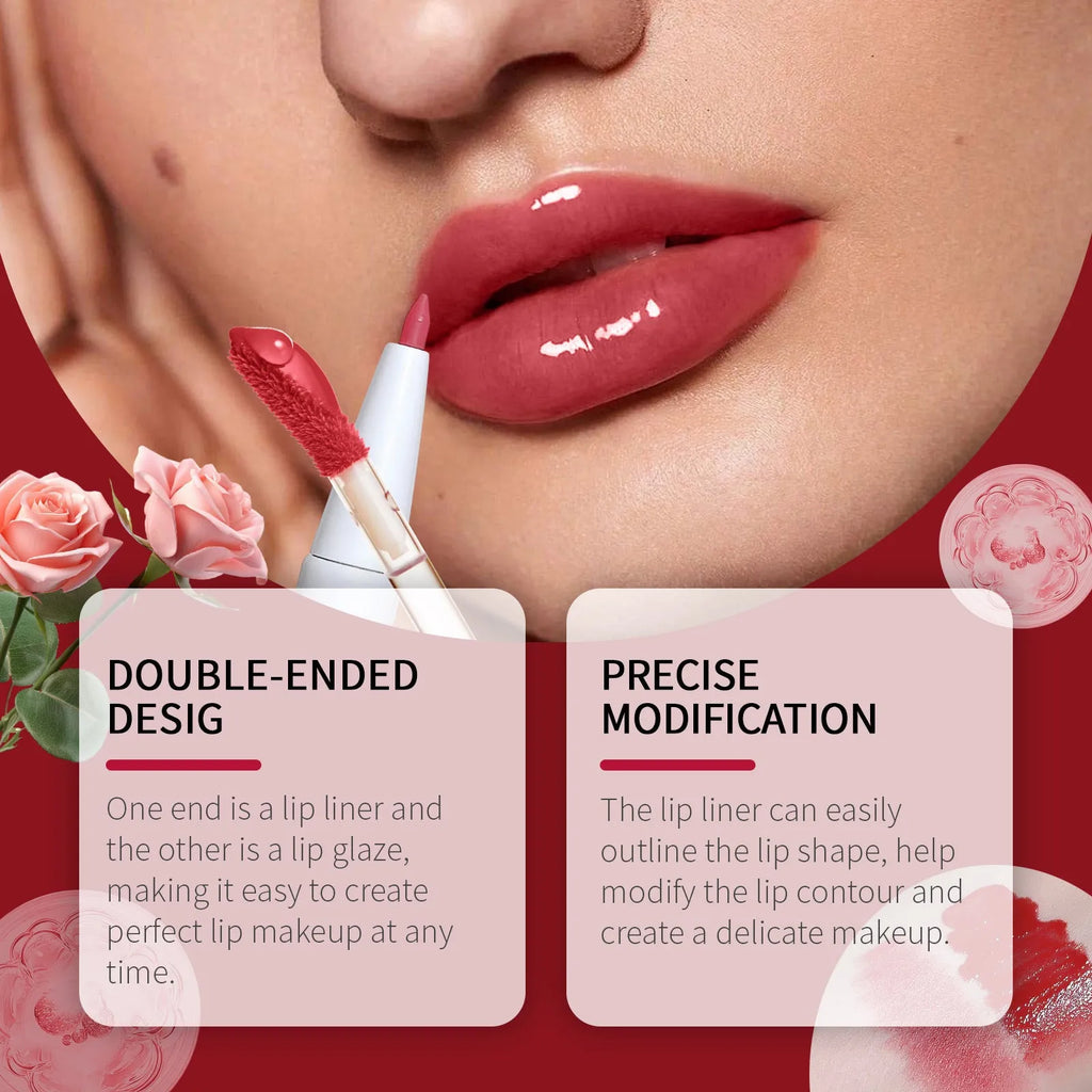 Double-headed lip liner and lip lacquer pen lipstick in choice of three colours.