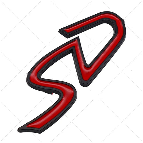 Metal car sticker badge showing SD and D design options in red and silver and red and black colours.