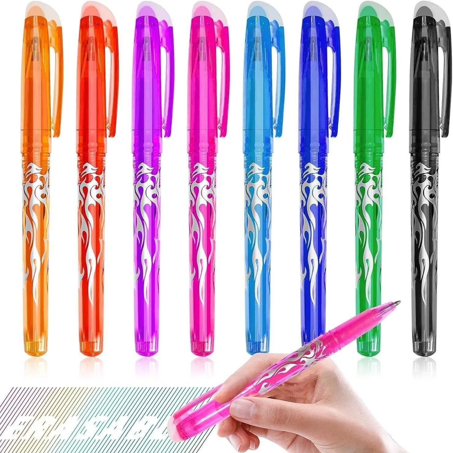 Heat-erasable gel pen set with plastic shells and stainless steel nibs in multiple colours for office writing