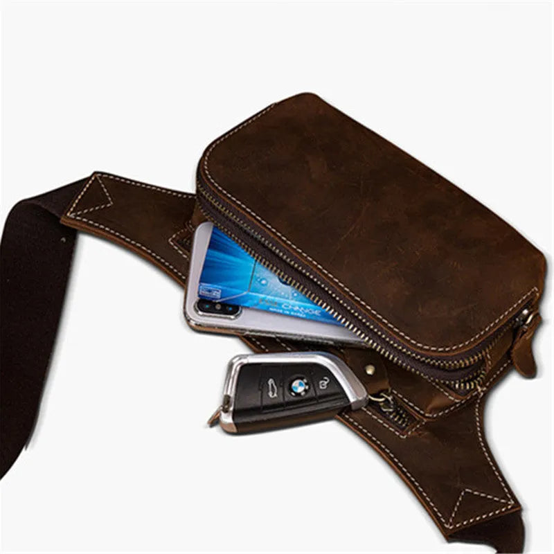 Brown genuine cowhide men's sports waist bag with pull closure and internal organisation compartments