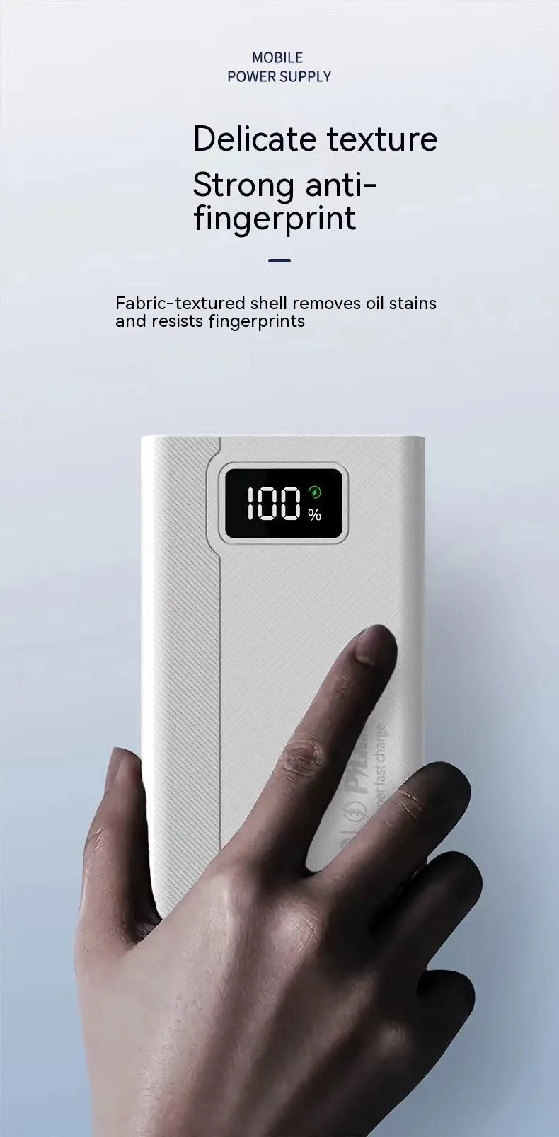 Large capacity power bank in black or white plastic housing with dimensions from 150×76×30mm to 150×76×50mm