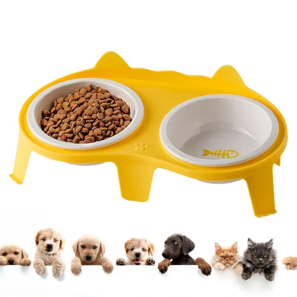Blue ceramic cat food and water bowls in an elevated white ABS plastic stand with a hook