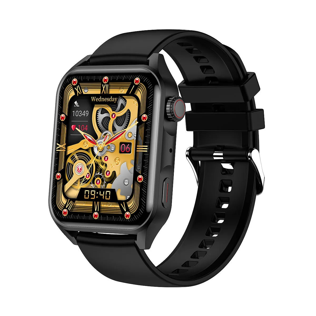 Smart watch with AMOLED screen and stainless steel case on silicone wrist strap