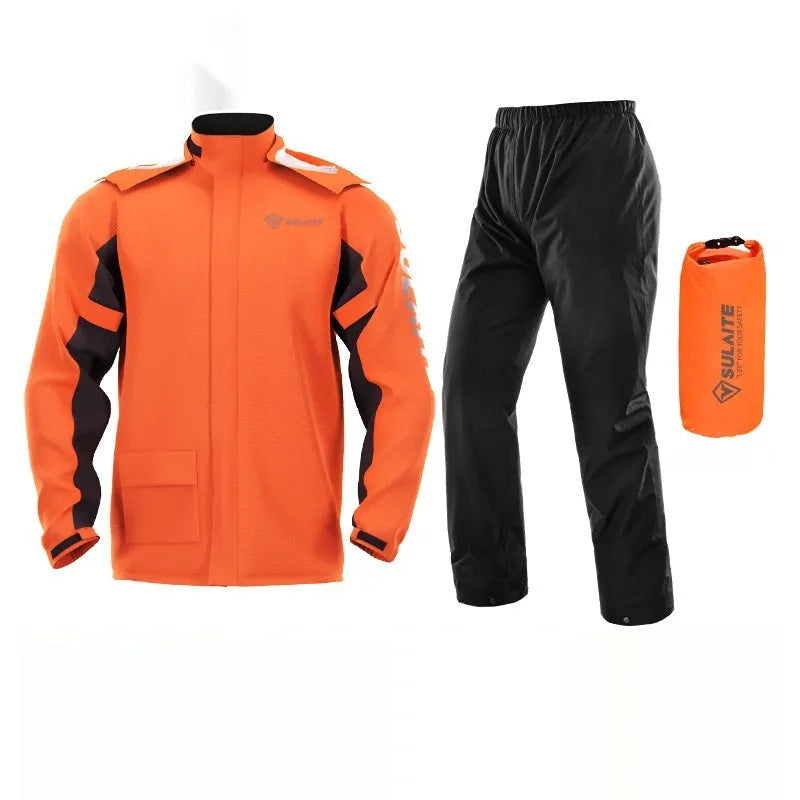 Motorcycle rider wearing a black split-style raincoat and rain pants suit for waterproof protection.