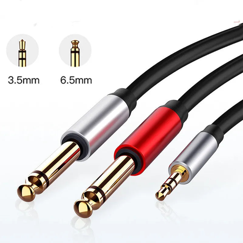 3.5mm stereo to dual 6.5mm mono Y-split audio cable with black PVC jacket