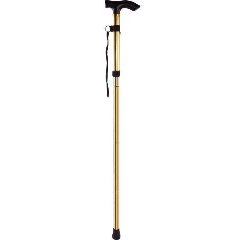 Aluminium alloy folding walking cane shown extended and collapsed, with non-slip handle.