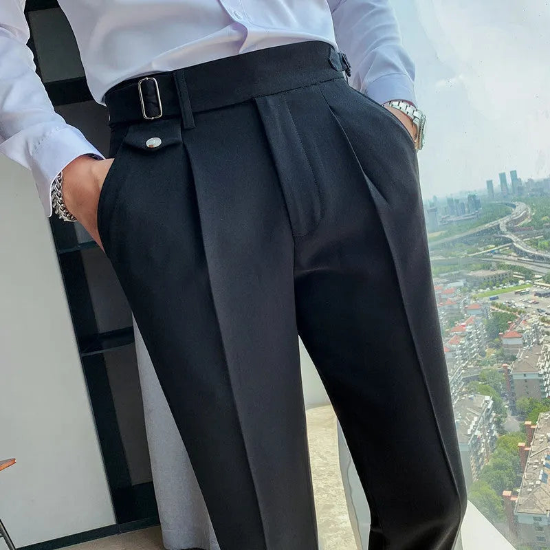 Men's solid colour straight-leg casual trousers in polyester fabric on a hanger.