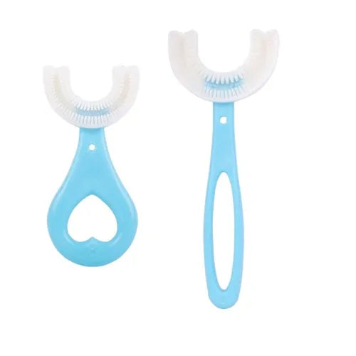 Children's U-shaped soft rubber toothbrush in pink and blue colours for milk teeth cleaning