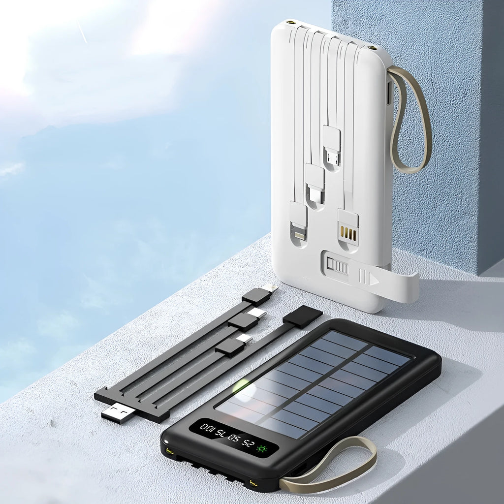 Black and white solar power bank showing its built-in solar panel and USB port.