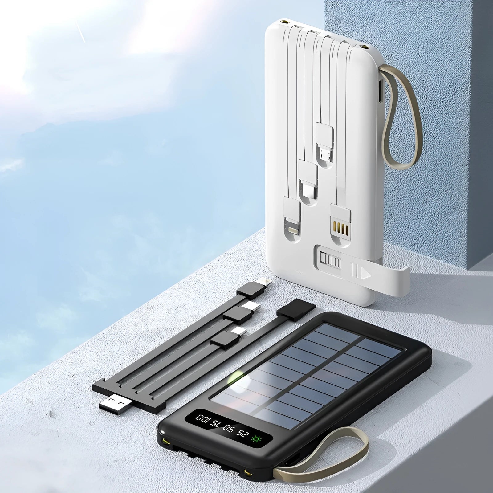 Black and white solar power bank showing its built-in solar panel and USB port.