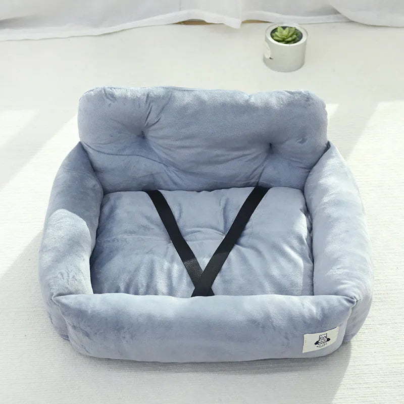 Grey and blue plaid cloth dog travel nest for car use, shown in two sizes.