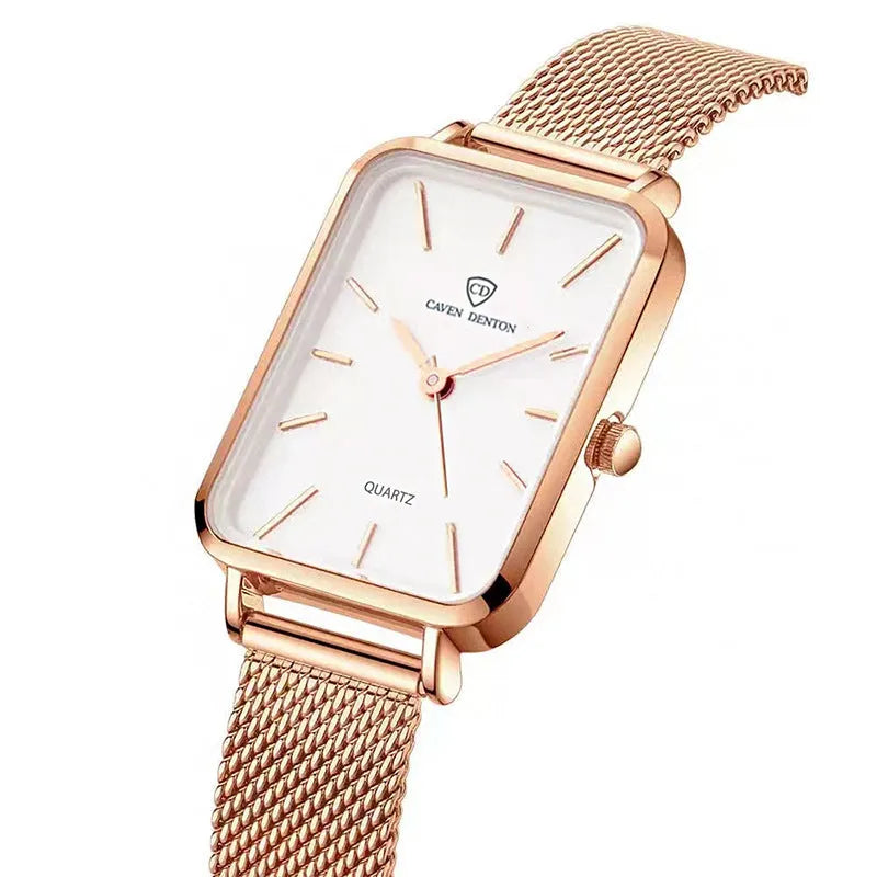 Women's rose gold waterproof quartz watch with woven steel strap and alloy case