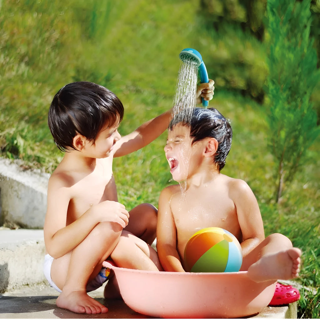 Portable outdoor electric shower in vibrant orange and yellow with ABS body and 1.8m PVC hose