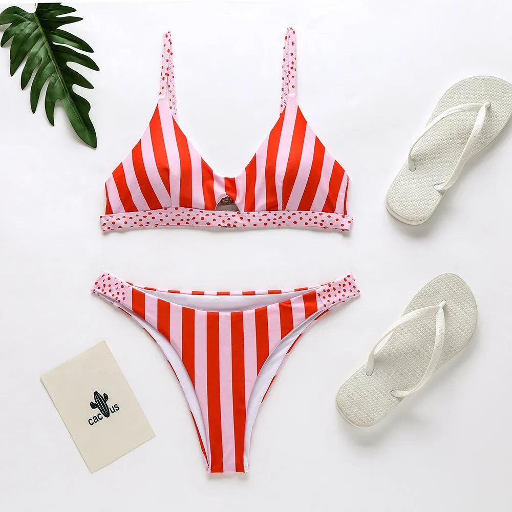 Women's bikini swimsuit in black and white dot pattern and red and white stripe option.