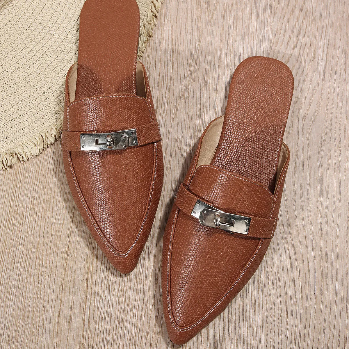 Light brown women's pointed-toe casual semi-slippers with a PU upper and rubber sole.