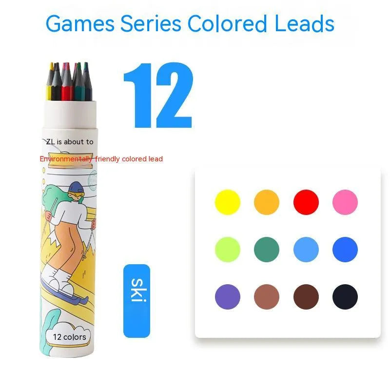 Zhenglin Sports Series colour pencils in paper barrel packaging showing multiple colour lead options