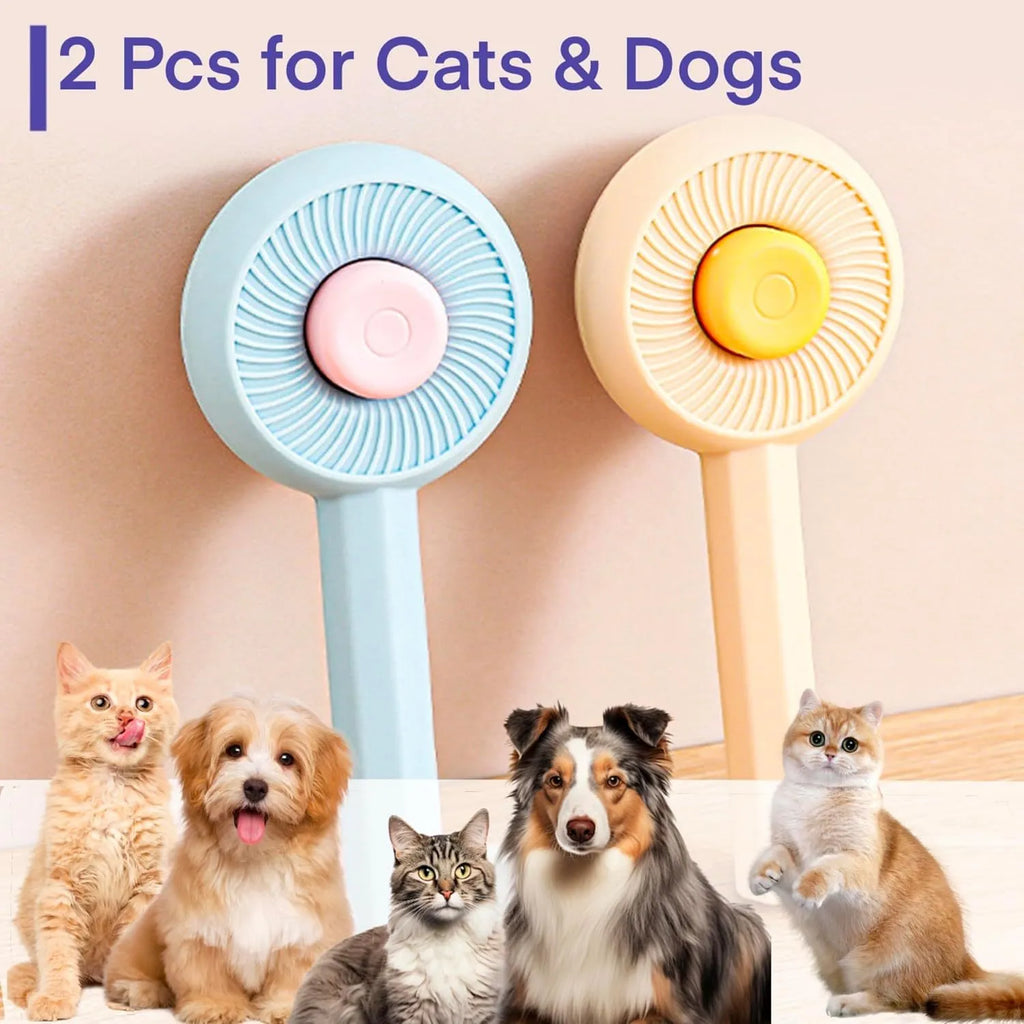 Blue and yellow pet grooming brush with metal pins and a self-cleaning button