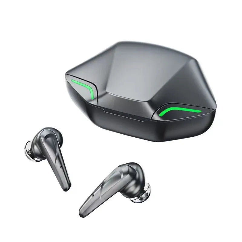 Single wireless gaming earpiece with a compact rectangular charging case in grey colour.