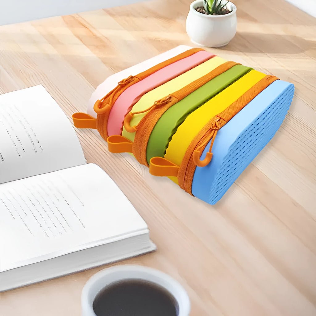 A soft silicone glasses case in a long hand shape, shown in a colour option like black or dark purple rose red.