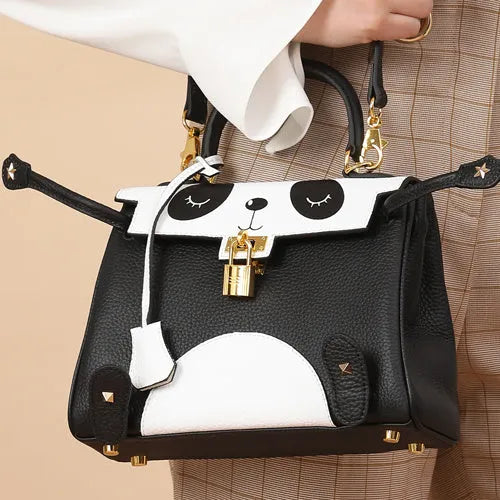 Panda print cowhide leather handbag in horizontal square shape with sweet lady animal pattern
