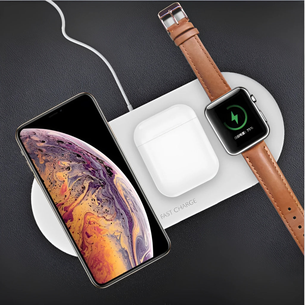 Black or white three-in-one wireless charging station for Apple phones, watches, and headphones