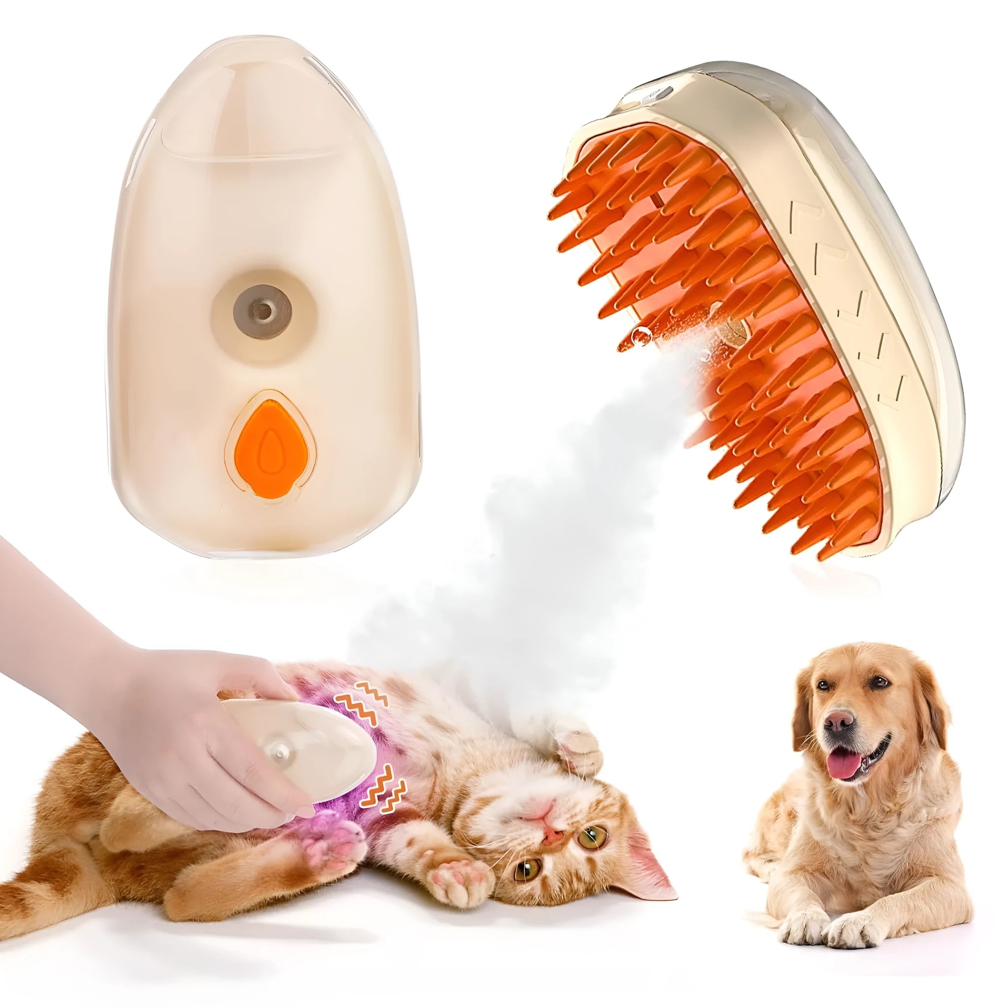 Yellow 4-in-1 cat steam brush with silicone teeth, water tank, and ringworm detector lamp.