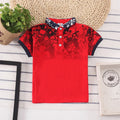 Boy in a solid colour short sleeve cotton shirt with a lapel collar.